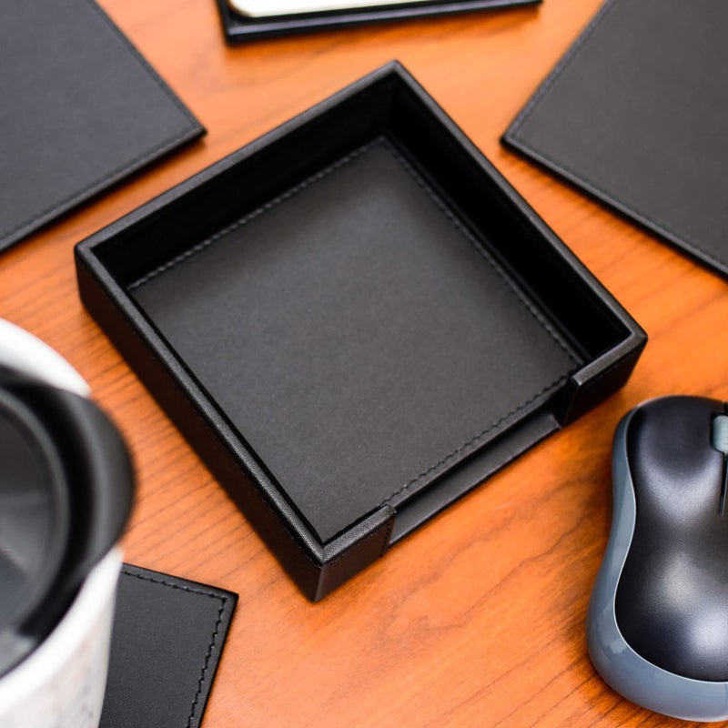 Dacasso Black Leatherette 4 Square Coaster Set with Stitched Edging and Holder - Image 4